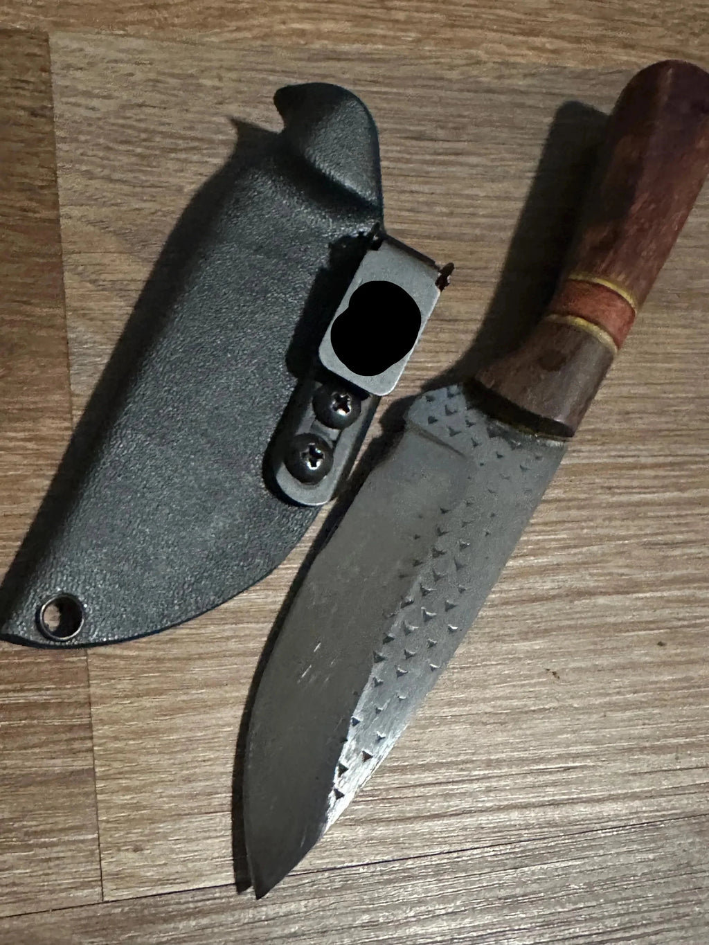RockinEDC Jinete Farrier Rasp Knife – Cocobolo & Rosewood Handle with Yellow G10 Spacers – Custom Fixed Blade with Kydex Sheath – Made in Texas