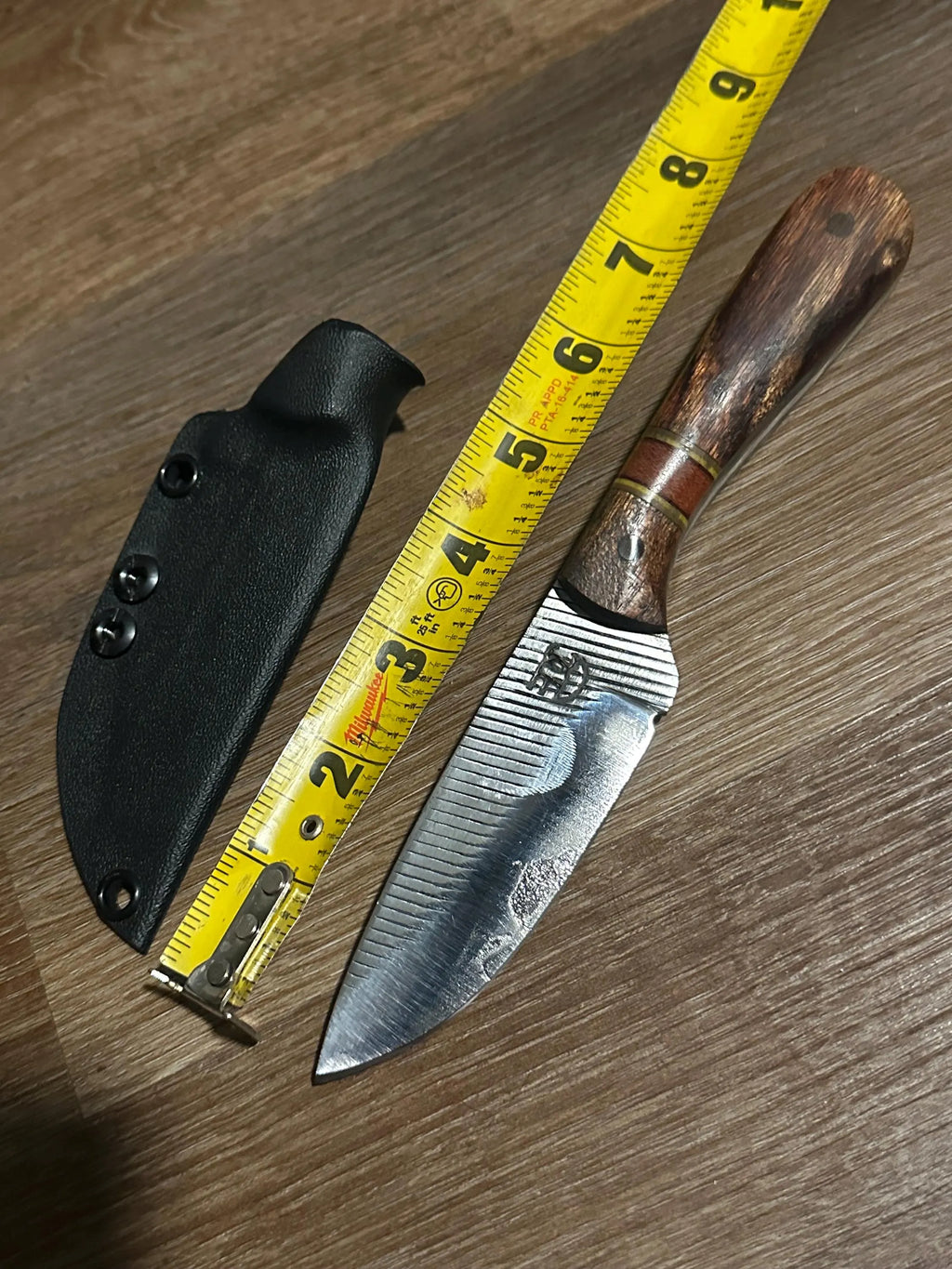 RockinEDC Jinete Farrier Rasp Knife – Cocobolo & Rosewood Handle with Yellow G10 Spacers – Custom Fixed Blade with Kydex Sheath – Made in Texas
