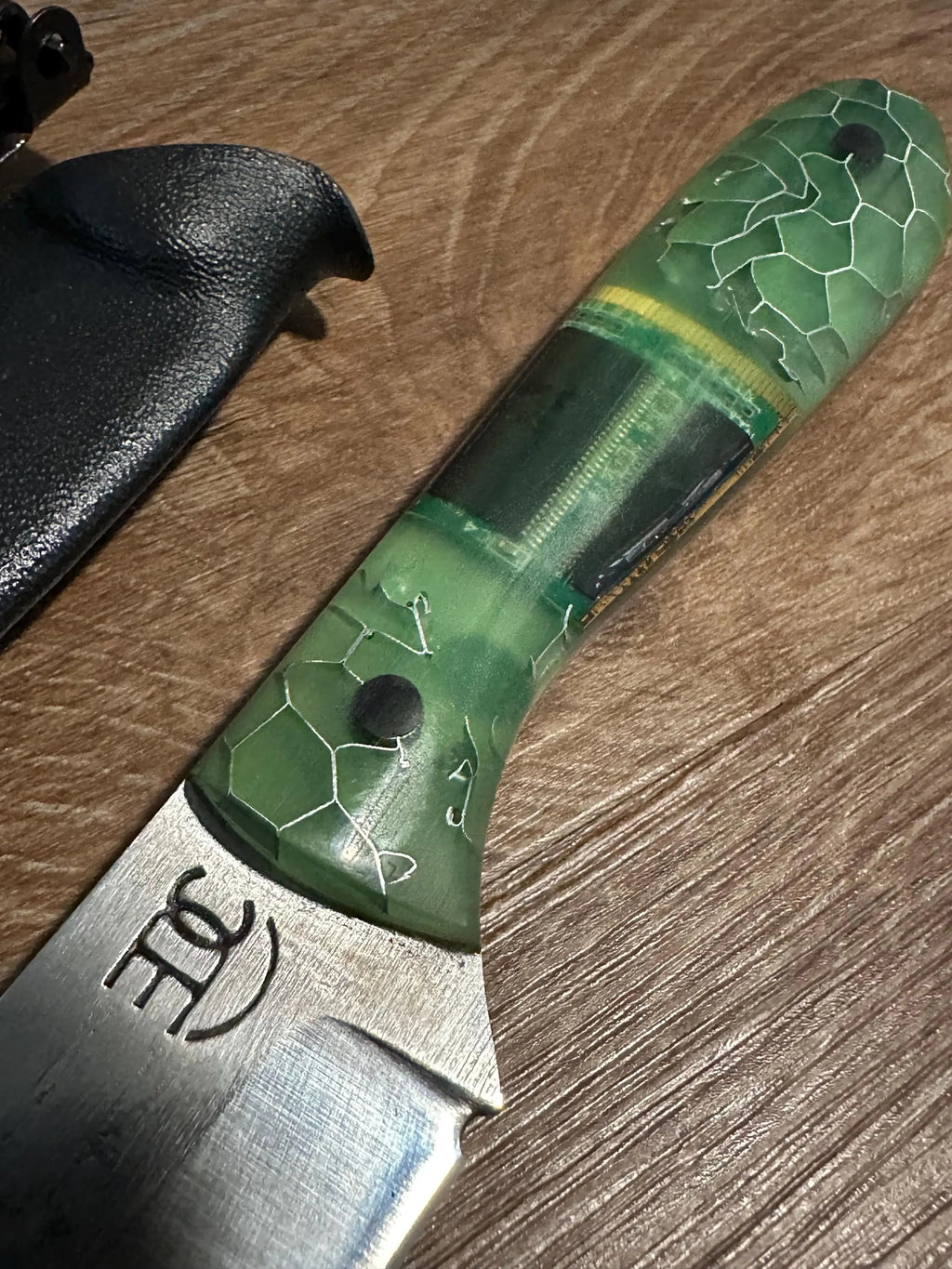 RockinEDC Jinete 7” 1095 Carbon Steel Knife with Computer Chip Handle Custom Engraved Fixed Blade Black Kydex Sheath Texas Made