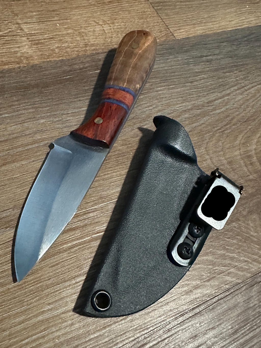 RockinEDC Jinete 7” 1095 Carbon Steel Knife Padauk & Micarta Handle Black Kydex Sheath w/ UtiliClip Texas Made RockinEDC
