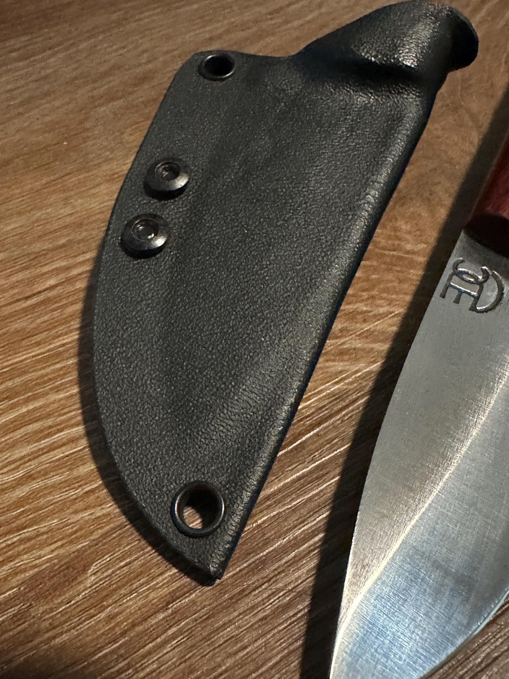 RockinEDC Jinete 7” 1095 Carbon Steel Knife Padauk & Micarta Handle Black Kydex Sheath w/ UtiliClip Texas Made RockinEDC