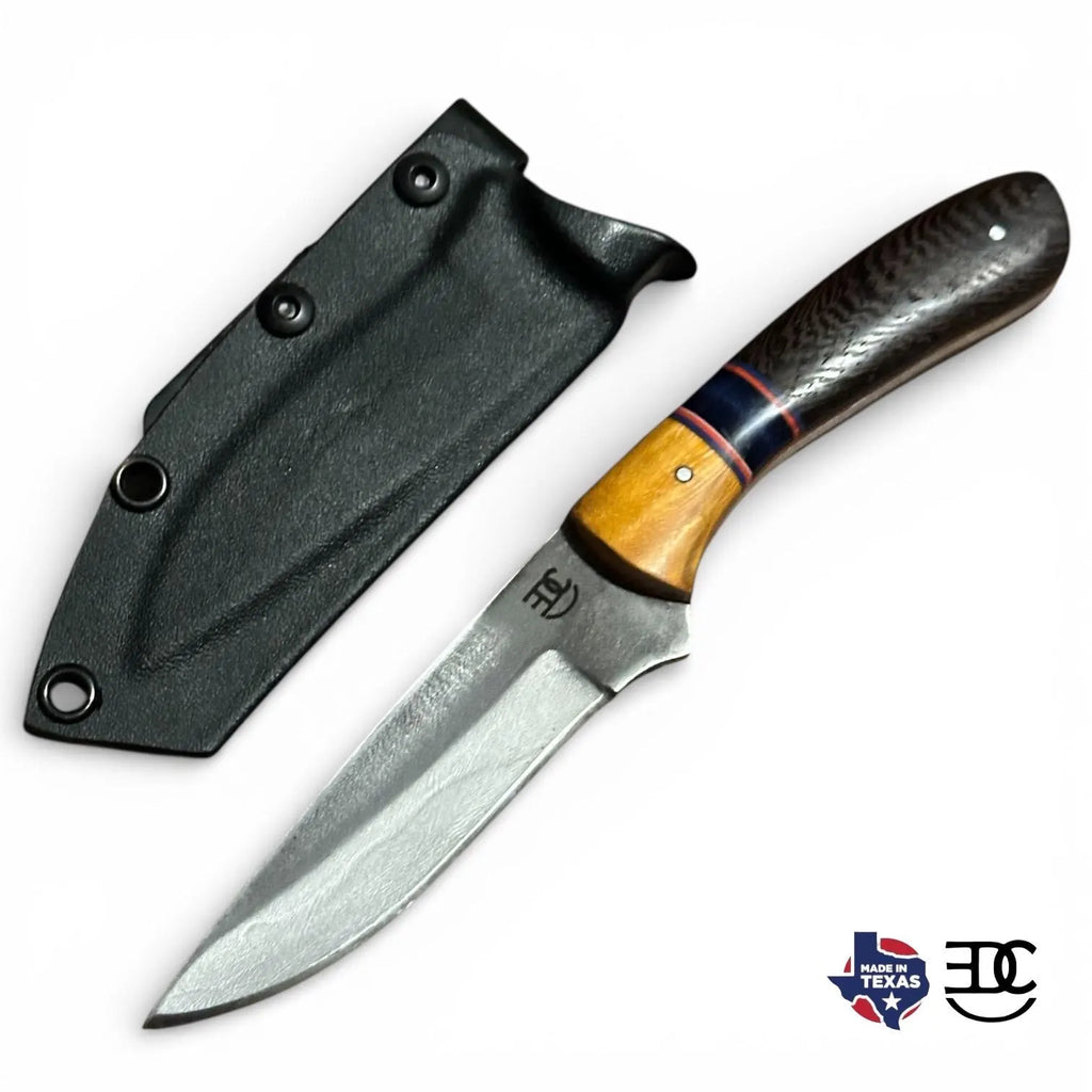 Handmade Fixed Blade EDC Knife 8” Overall, 3.5” Blade Custom Wood Black Kydex Sheath RockinEDC Texas yellow heart & wenge handle