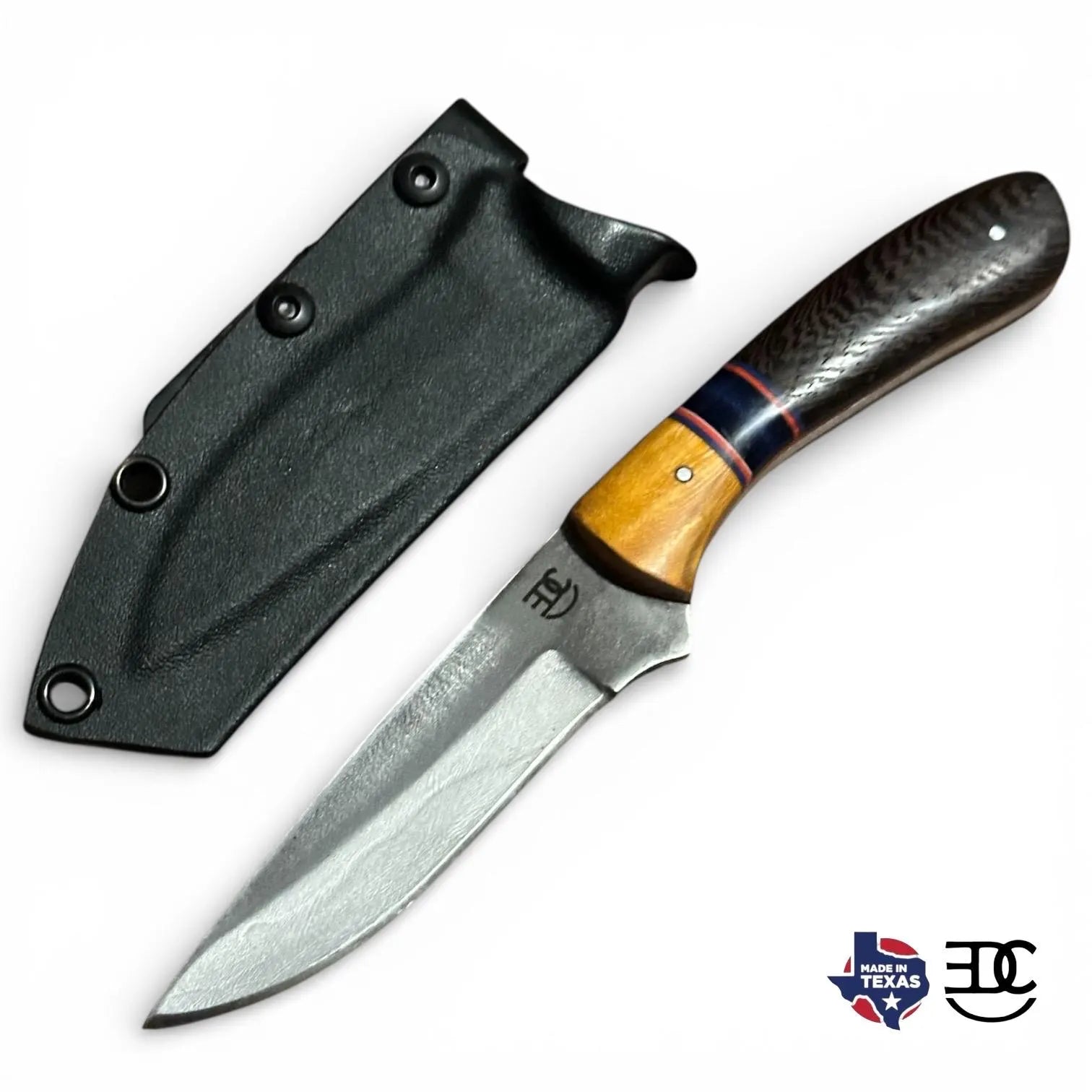 Handmade Fixed Blade EDC Knife 8” Overall, 3.5” Blade Custom Wood Black Kydex Sheath RockinEDC Texas yellow heart & wenge handle