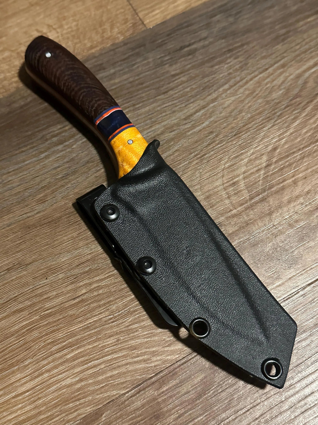 Handmade Fixed Blade EDC Knife 8” Overall, 3.5” Blade Custom Wood Black Kydex Sheath RockinEDC Texas yellow heart & wenge handle