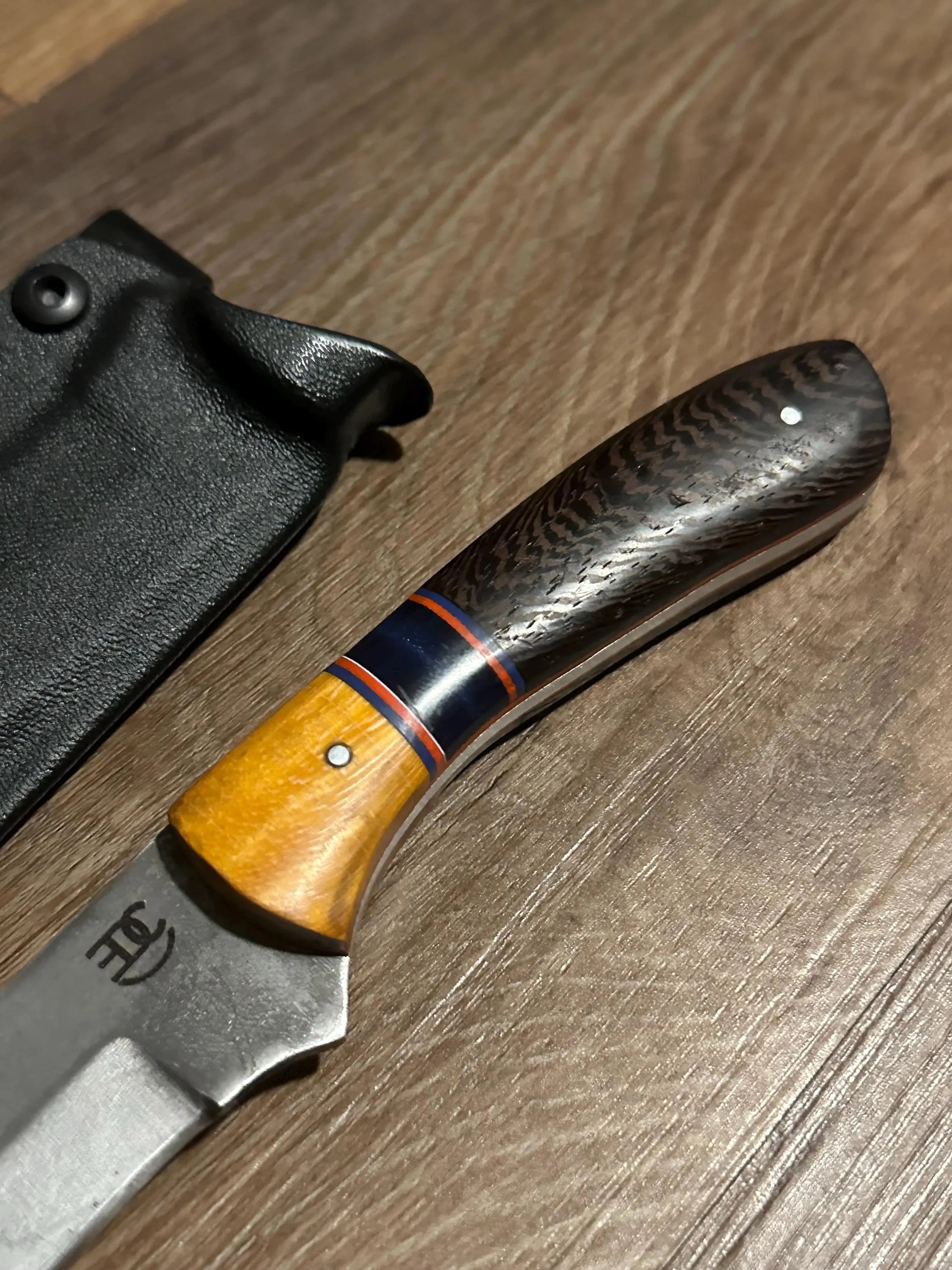 Handmade Fixed Blade EDC Knife 8” Overall, 3.5” Blade Custom Wood Black Kydex Sheath RockinEDC Texas yellow heart & wenge handle