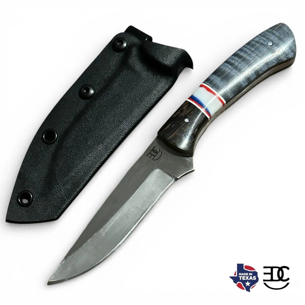 Handmade Fixed Blade EDC Knife 8” Overall, 3.5” Blade Custom Wood Black Kydex Sheath RockinEDC Texas Blue Maple & Wenge Handle