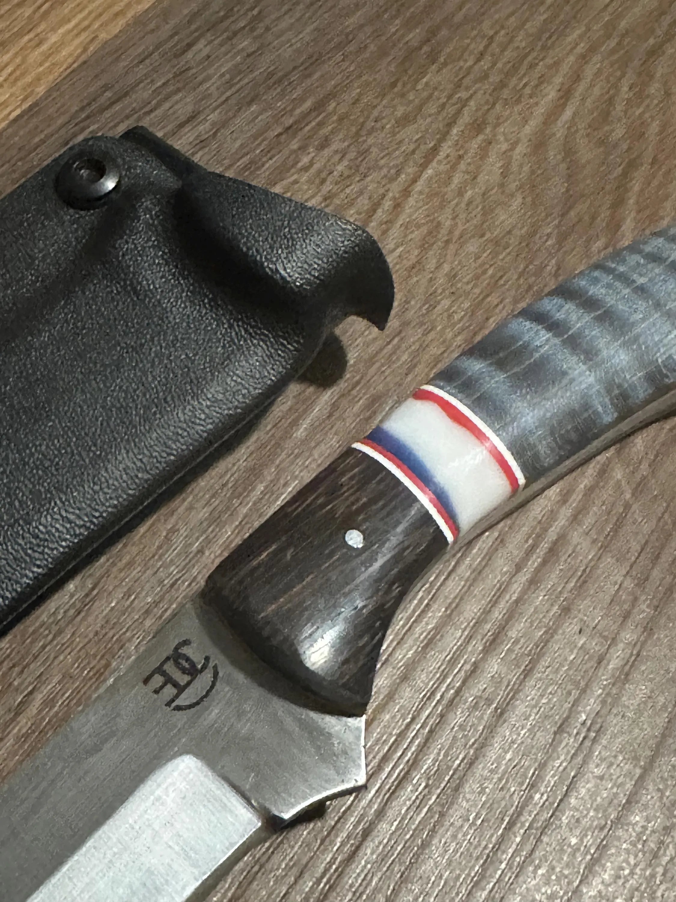 Handmade Fixed Blade EDC Knife 8” Overall, 3.5” Blade Custom Wood Black Kydex Sheath RockinEDC Texas Blue Maple & Wenge Handle