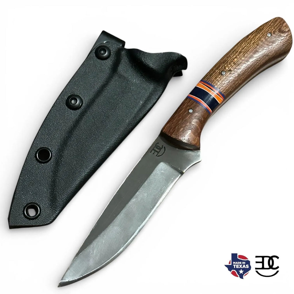 Handmade Fixed Blade EDC Knife 8” Overall, 3.5” Blade Custom Wood Black Kydex Sheath RockinEDC Leapordwood & Rosewood