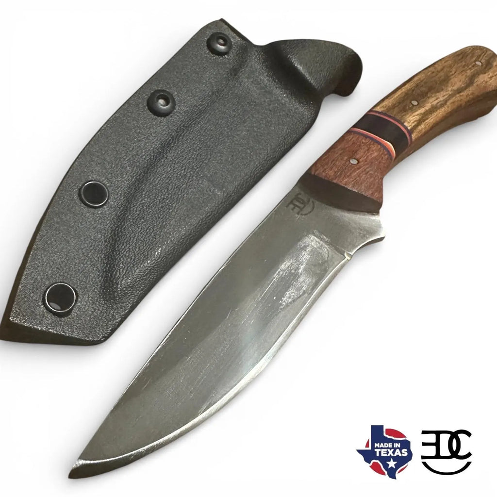 Handmade Fixed Blade EDC Knife 8” Overall, 3.5” Blade Custom Wood Black Kydex Sheath RockinEDC Mesquite and Bocate Handle