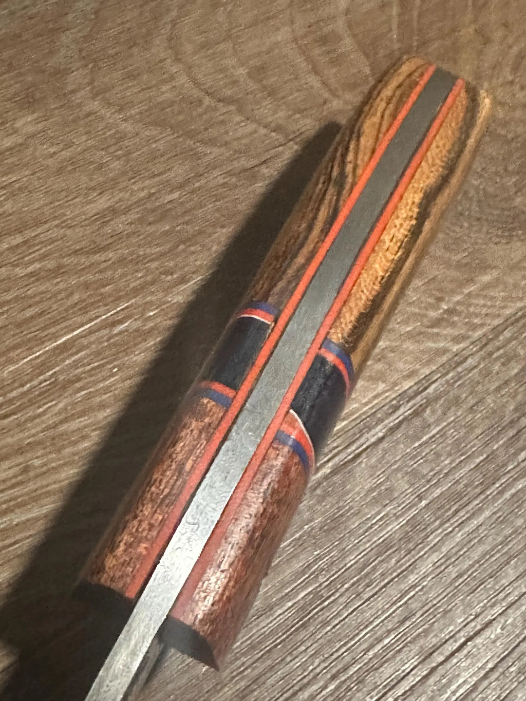 Handmade Fixed Blade EDC Knife 8” Overall, 3.5” Blade Custom Wood Black Kydex Sheath RockinEDC Mesquite and Bocate Handle