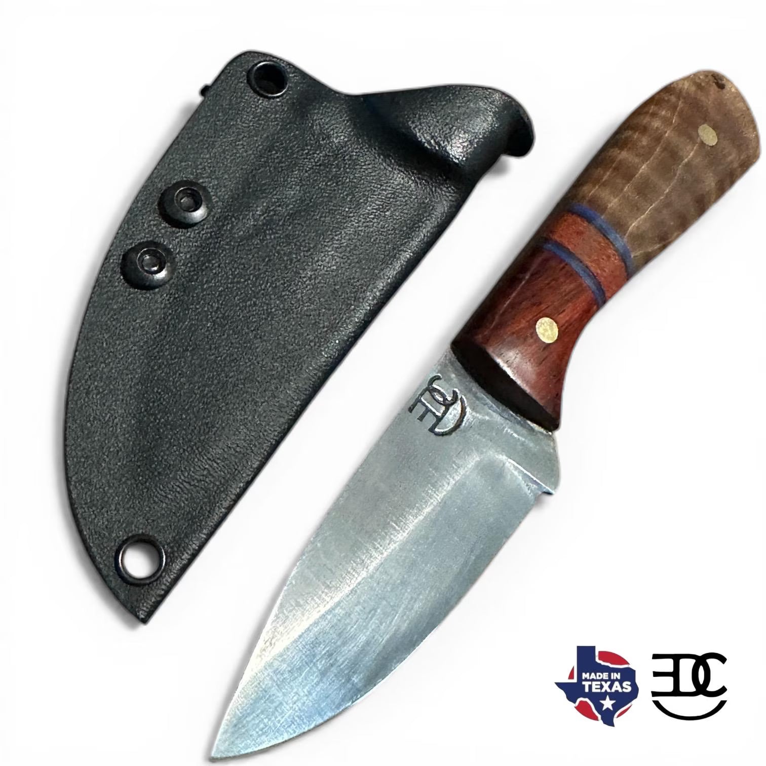 RockinEDC Jinete 7” 1095 Carbon Steel Knife Padauk & Micarta Handle Black Kydex Sheath w/ UtiliClip Texas Made RockinEDC