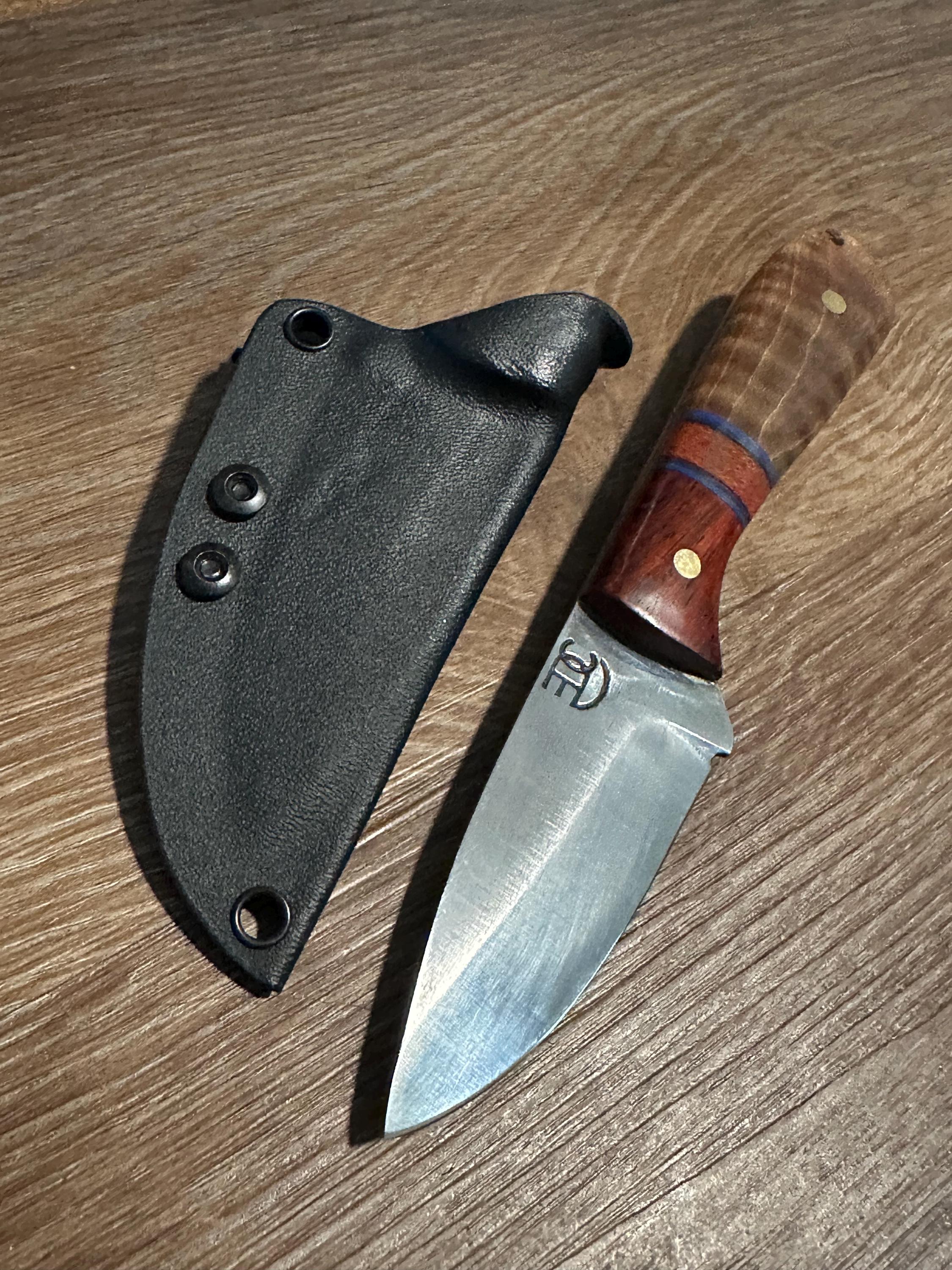 RockinEDC Jinete 7” 1095 Carbon Steel Knife Padauk & Micarta Handle Black Kydex Sheath w/ UtiliClip Texas Made RockinEDC