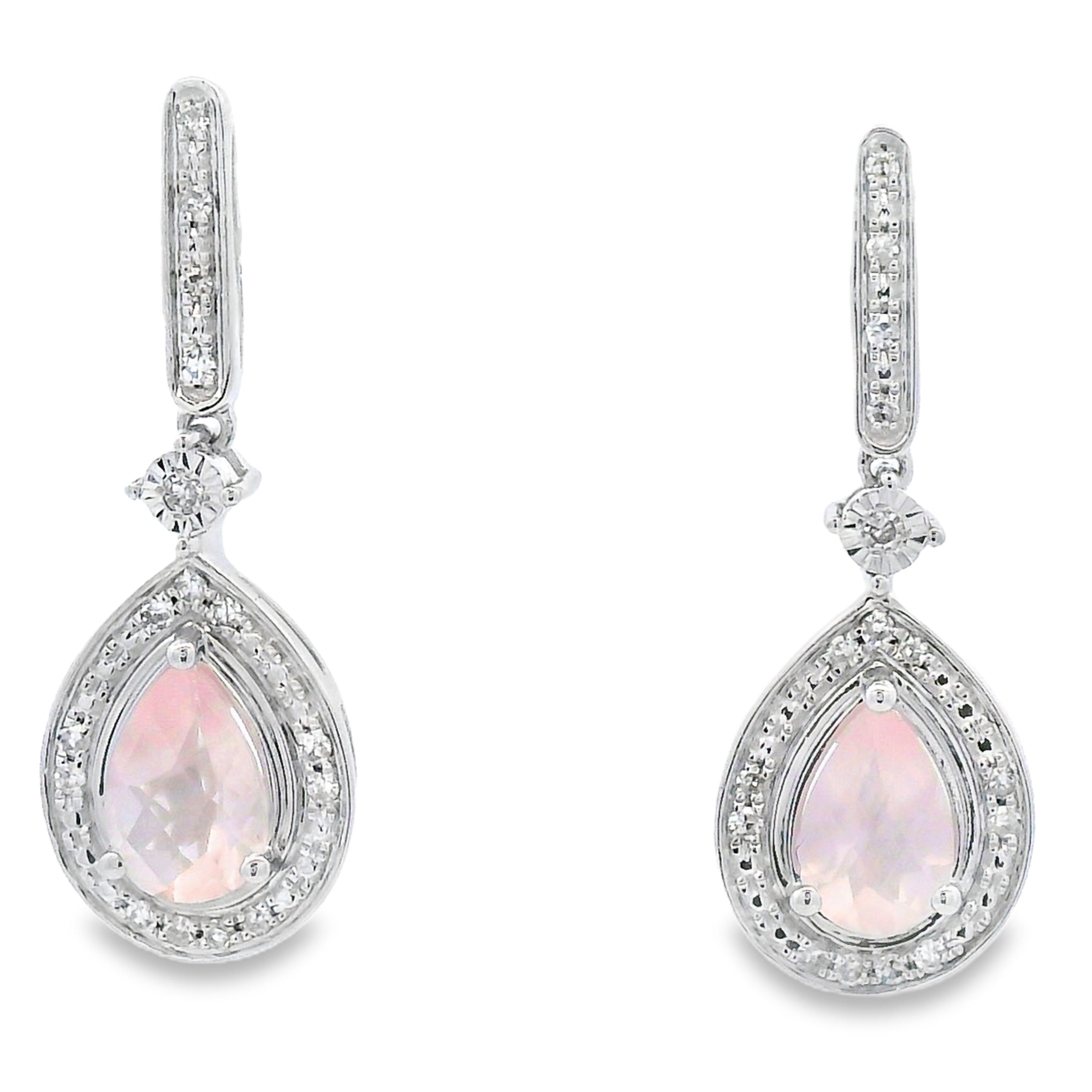 Rose Quartz Diamond Dangle Earrings 10KT White Gold
