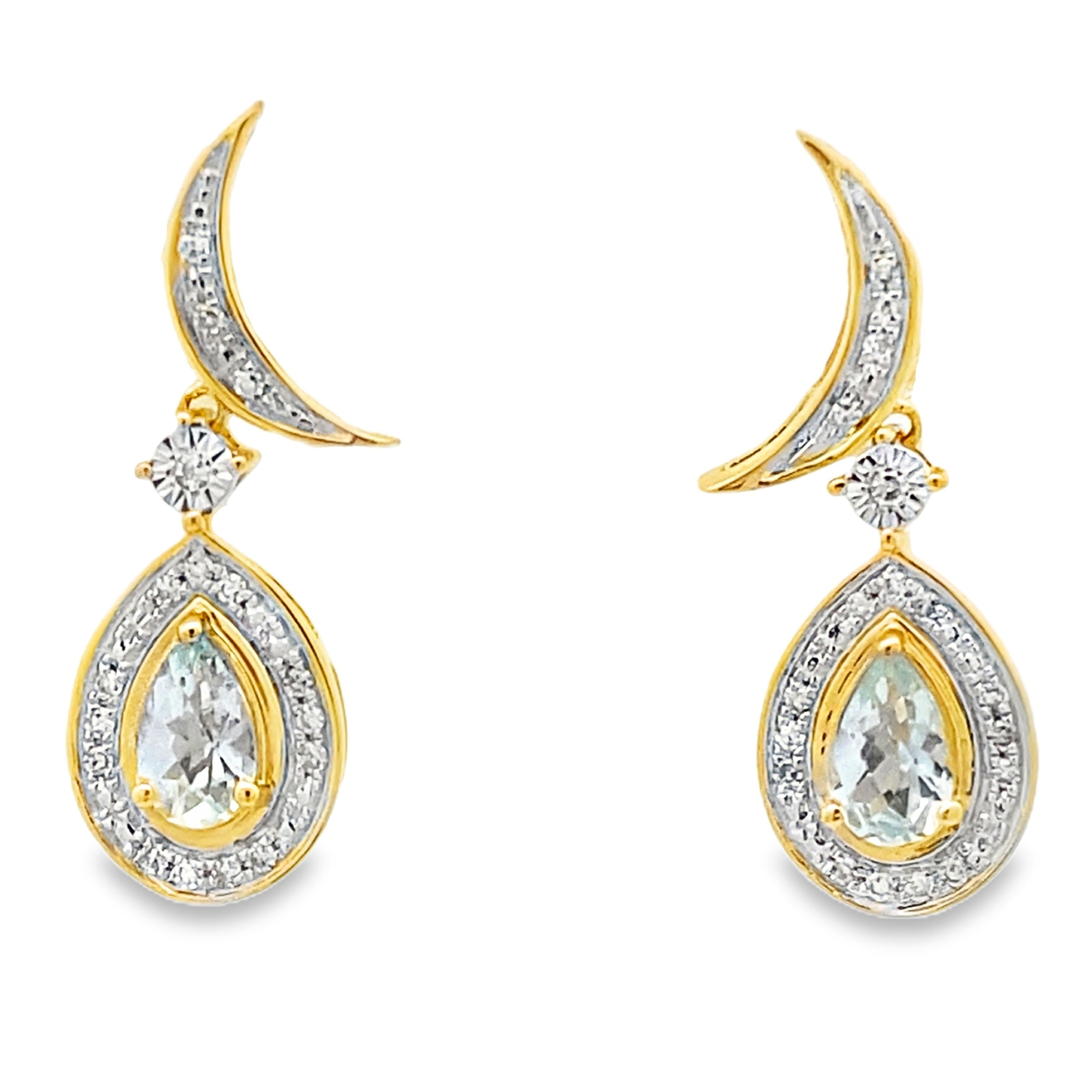 Aquamarine Diamond Dangle Earrings 10KT Yellow Gold