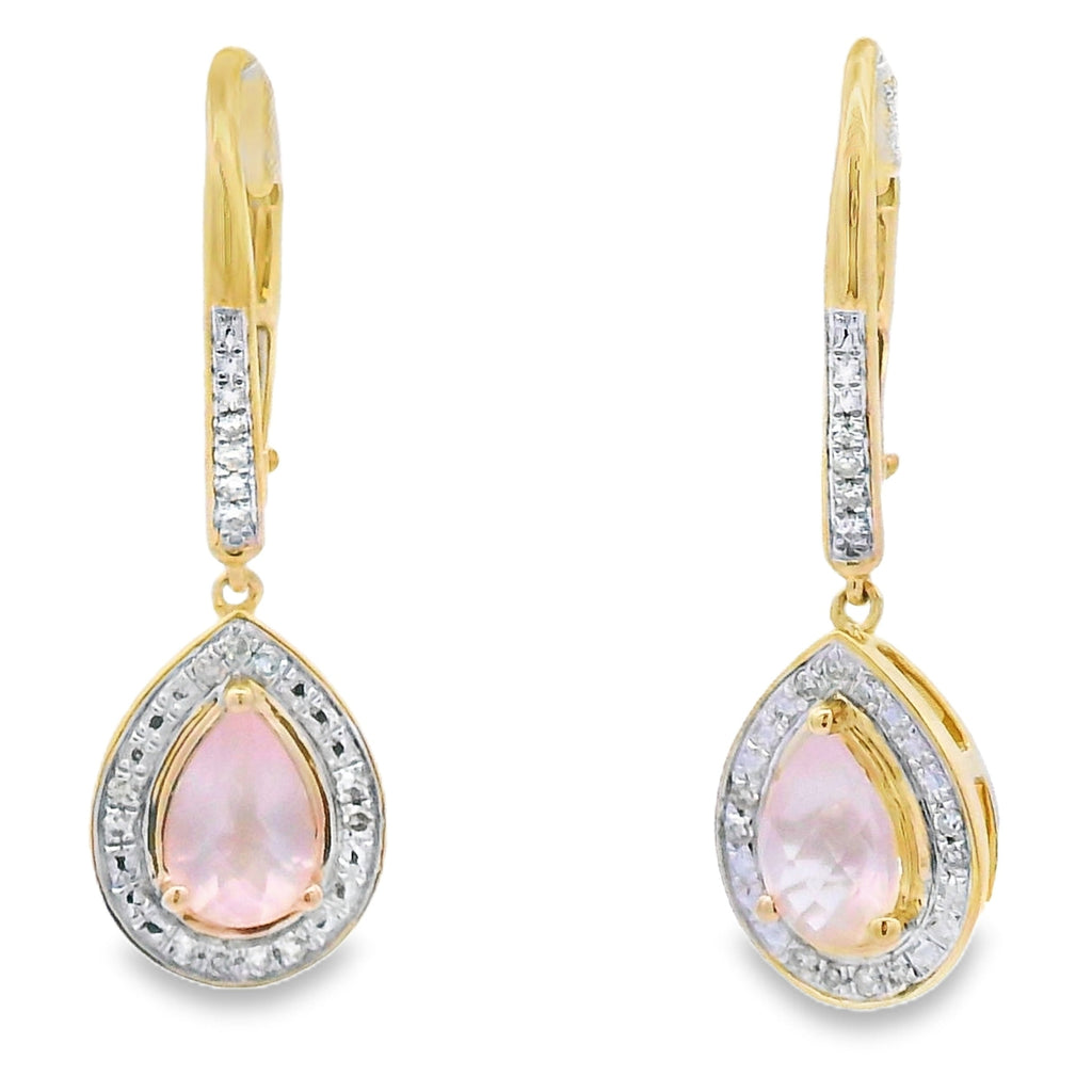 Rose Quartz Diamond Dangle Earrings 10KT Yellow Gold