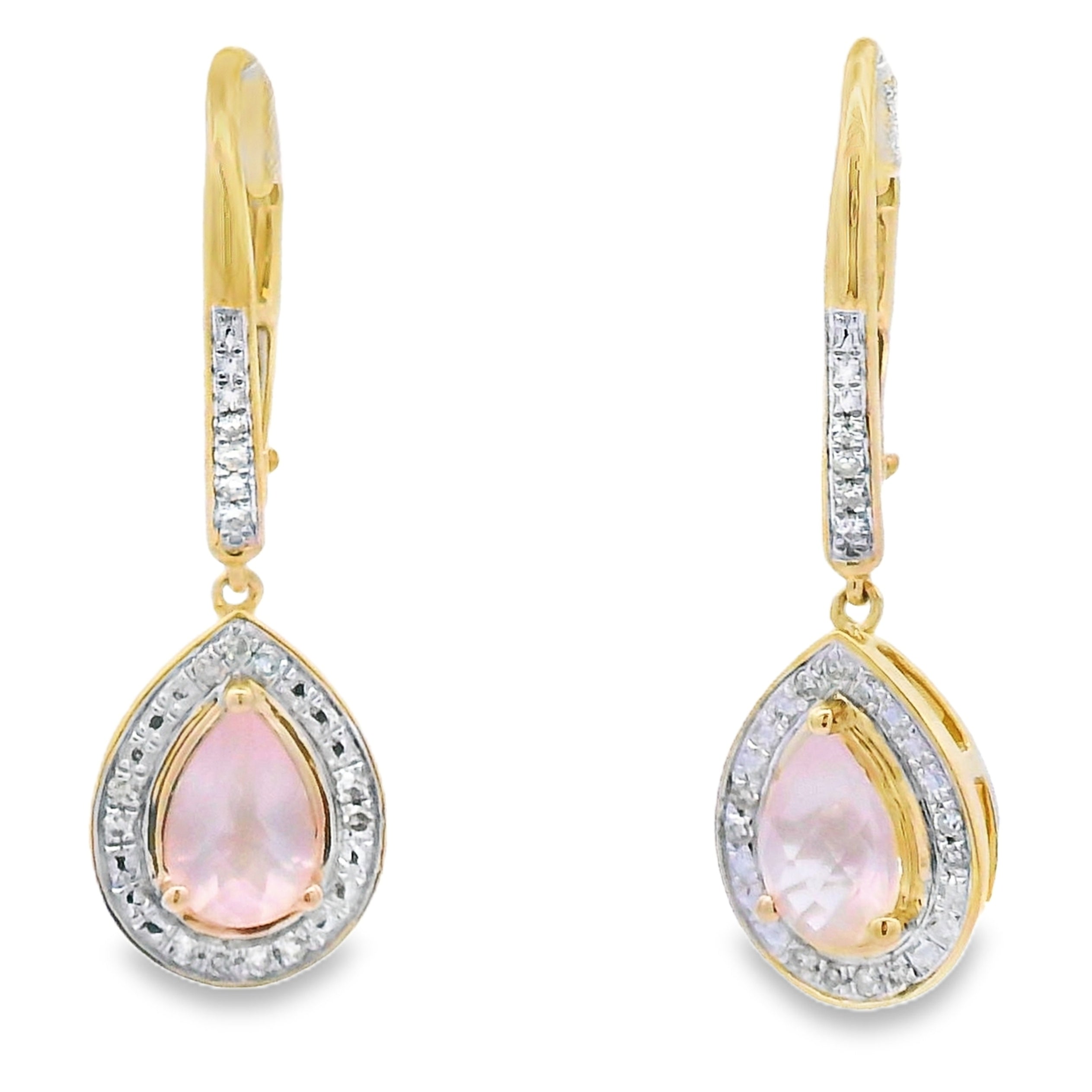 Rose Quartz Diamond Dangle Earrings 10KT Yellow Gold