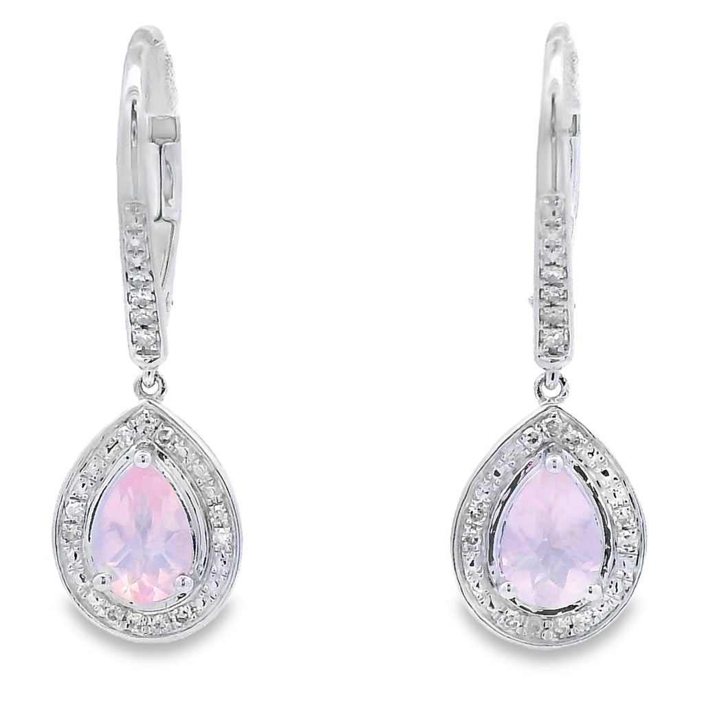 Rose Quartz Diamond Dangle Earrings 10KT White Gold