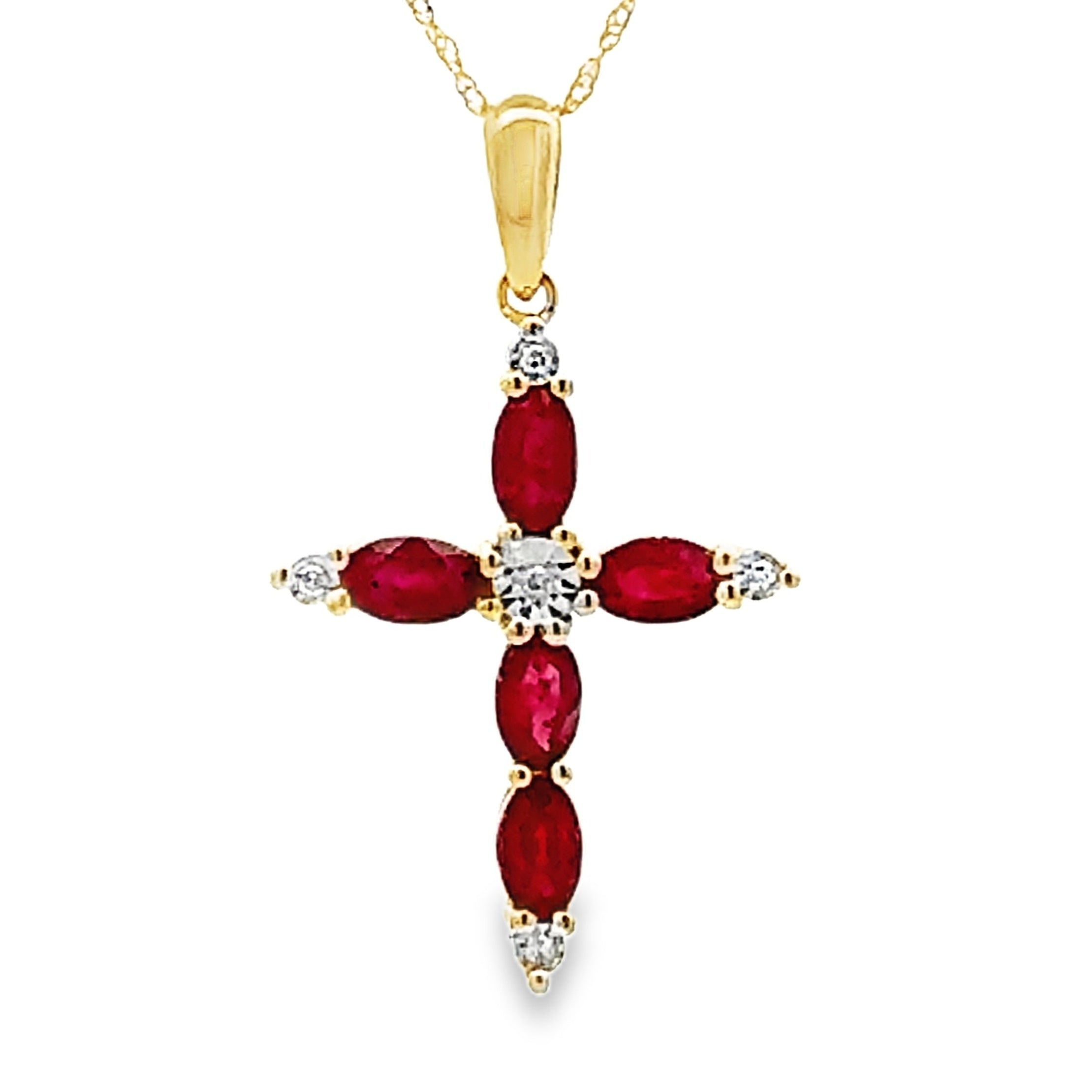 Ruby Diamond Cross Religious Pendant 10KT Yellow Gold