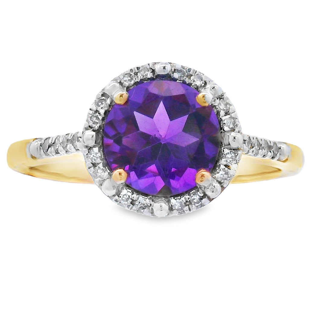 Natural 1.35ct Amethyst Diamond Ring 10KT Yellow Gold