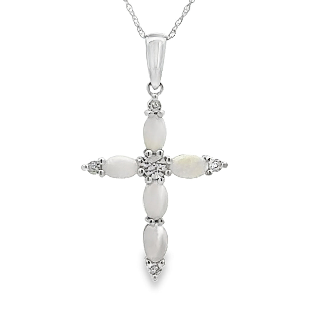Opal Diamond Cross Religious Pendant 10KT White Gold