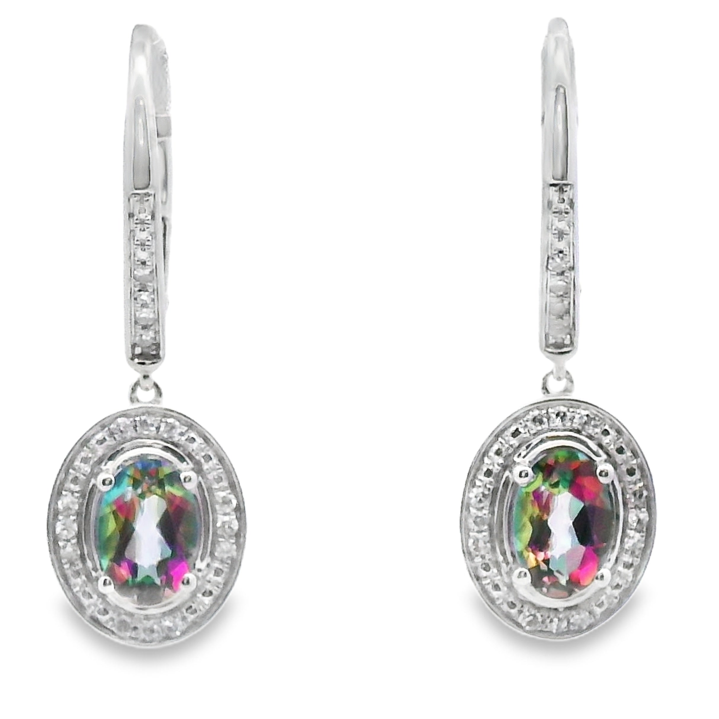 .89ct Mystic Fire Topaz Dangle Earrings 10KT White Gold