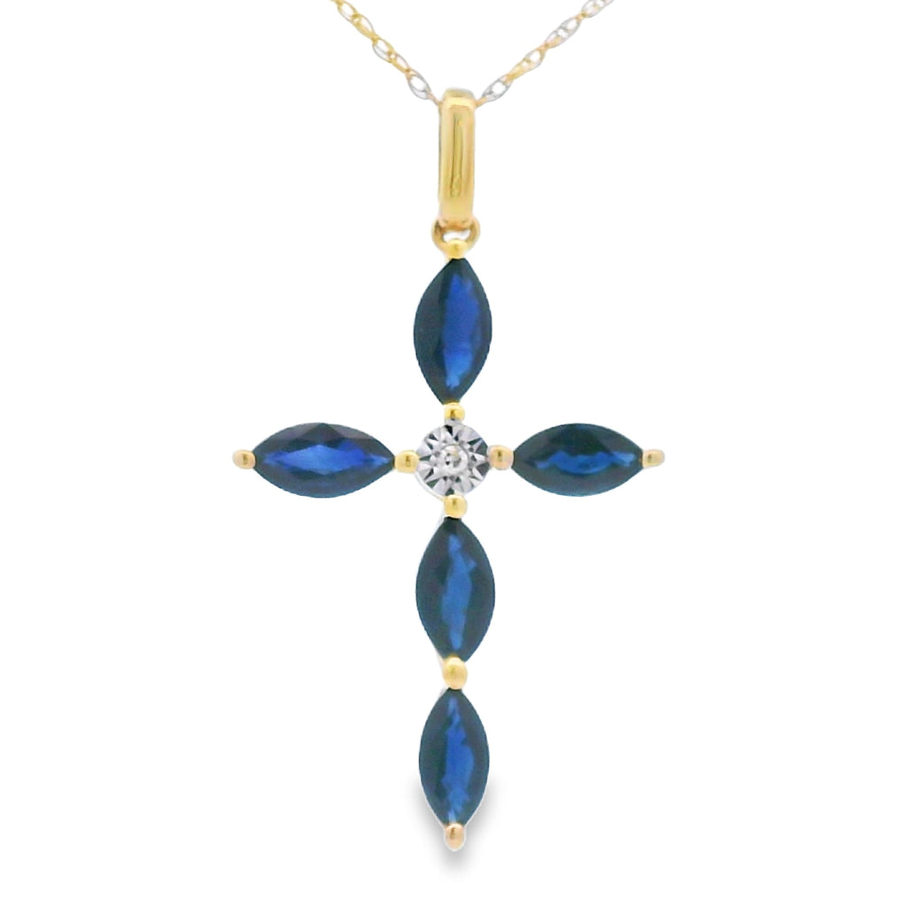 Sapphire Cross Religious Pendant 10KT Yellow Gold