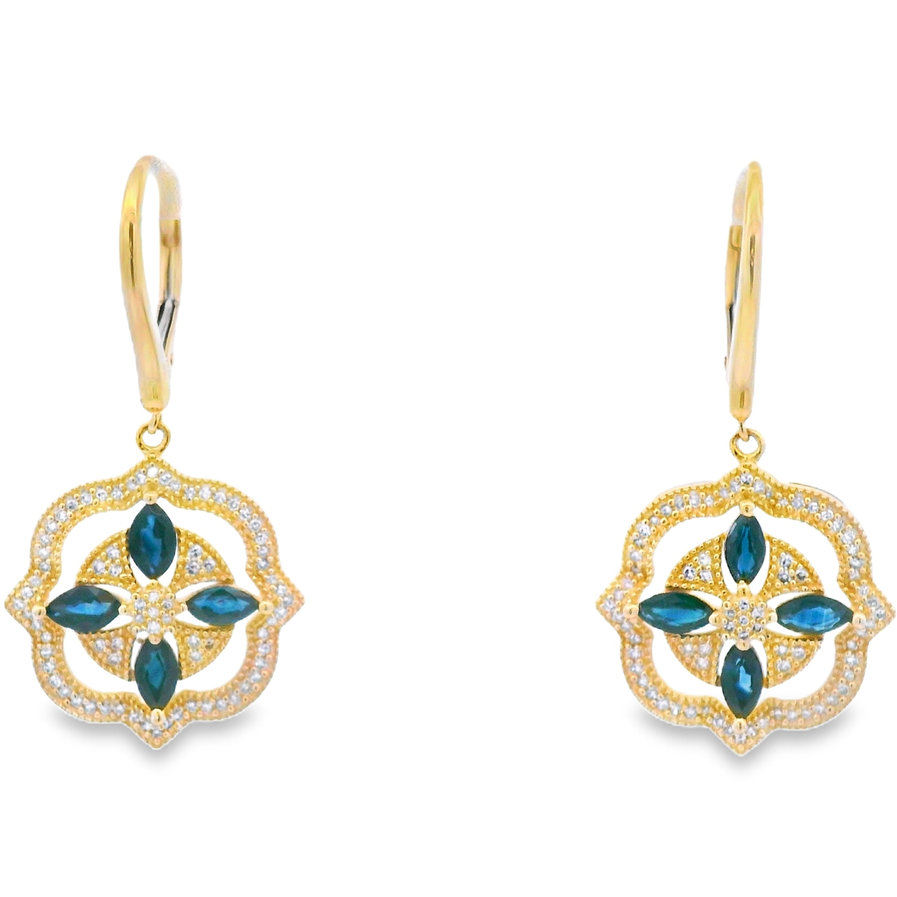 Sapphire Diamond Dangle Earrings 14KT Yellow Gold