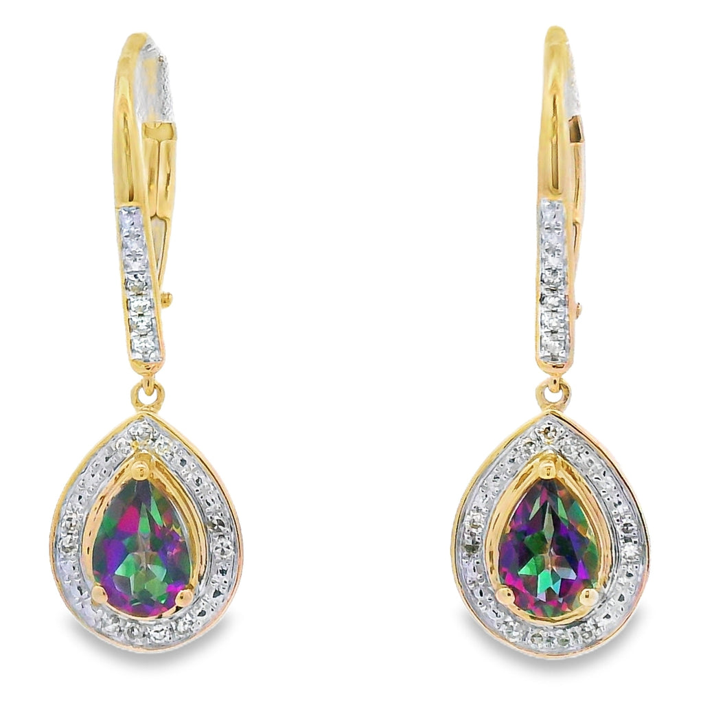 Mystic Fire Topaz Dangle Earrings 10KT Yellow Gold