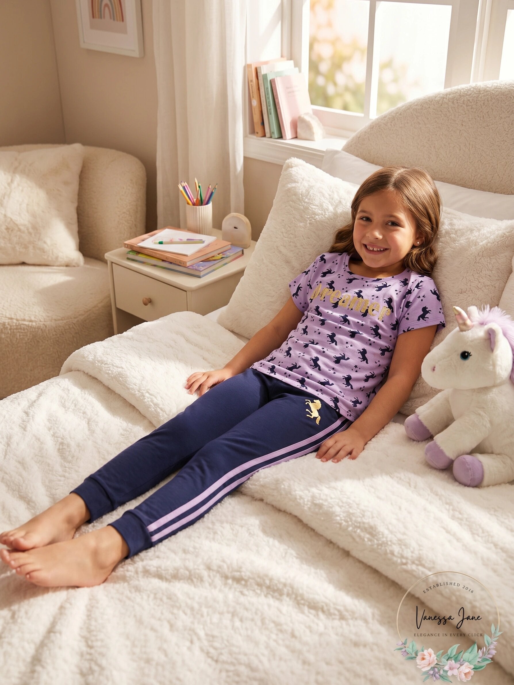 Max & Olivia Big Girls Two Piece Unicorn Long Leg Pajama Set, Size 7/8