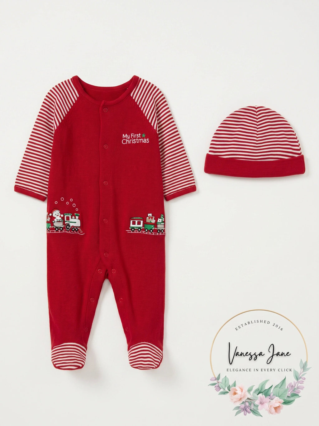 Little Me Baby Boys Red Christmas Train Footies and Hat Set Infant, 3 months