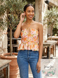 Aqua Retro Floral Halter Top, Size Medium
