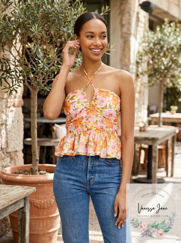 Aqua Retro Floral Halter Top, Size Medium