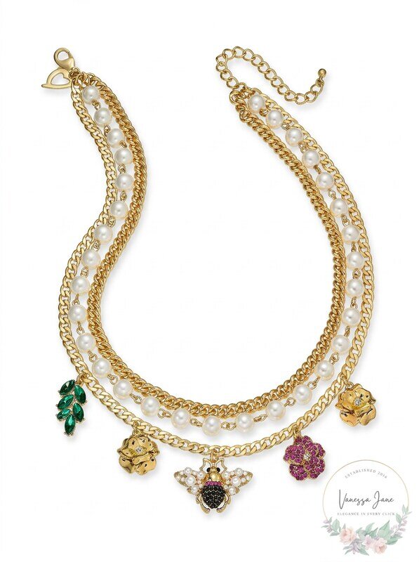 Thalia Sodi Gold-Tone Crystal, Imitation Pearl Bee Multi-Charm Layered Necklace