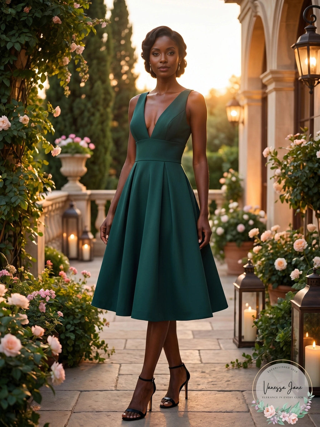 Amsale Faille V-Neck Fit-and-Flare Dress, Size 10