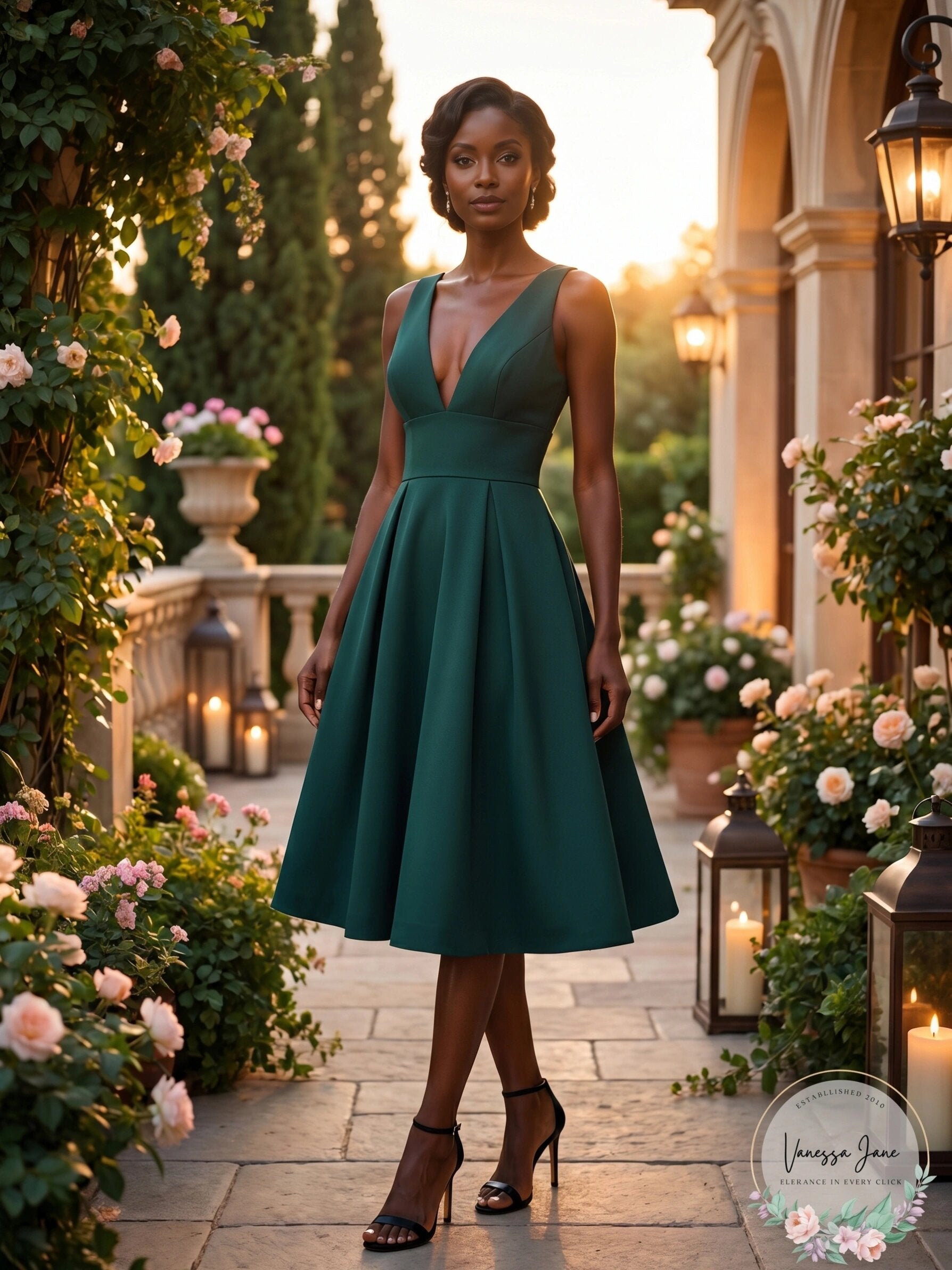 Amsale Faille V-Neck Fit-and-Flare Dress, Size 10