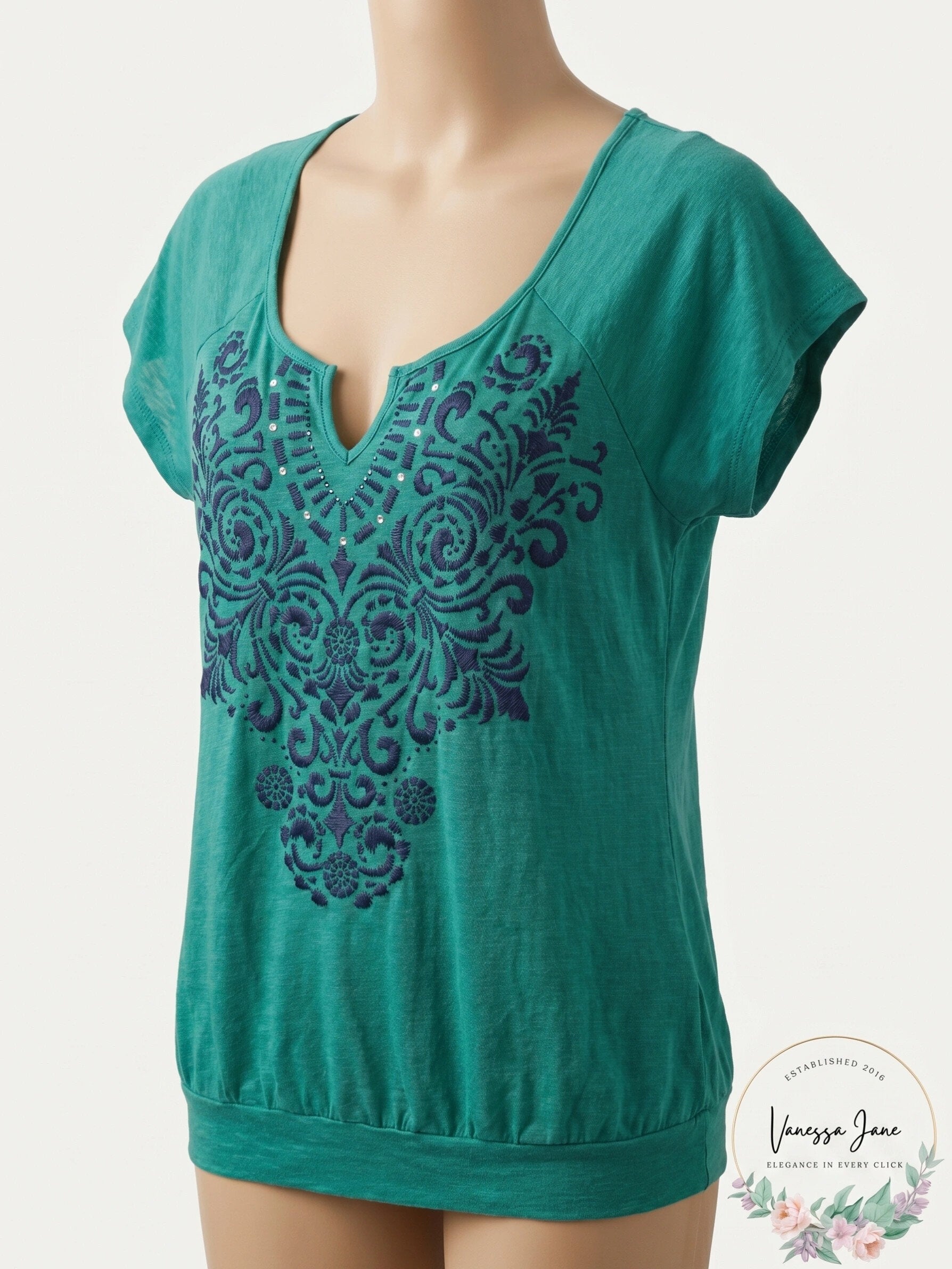 Currants Embellished T-Shirt aqua Green Rhinestone, Size small
