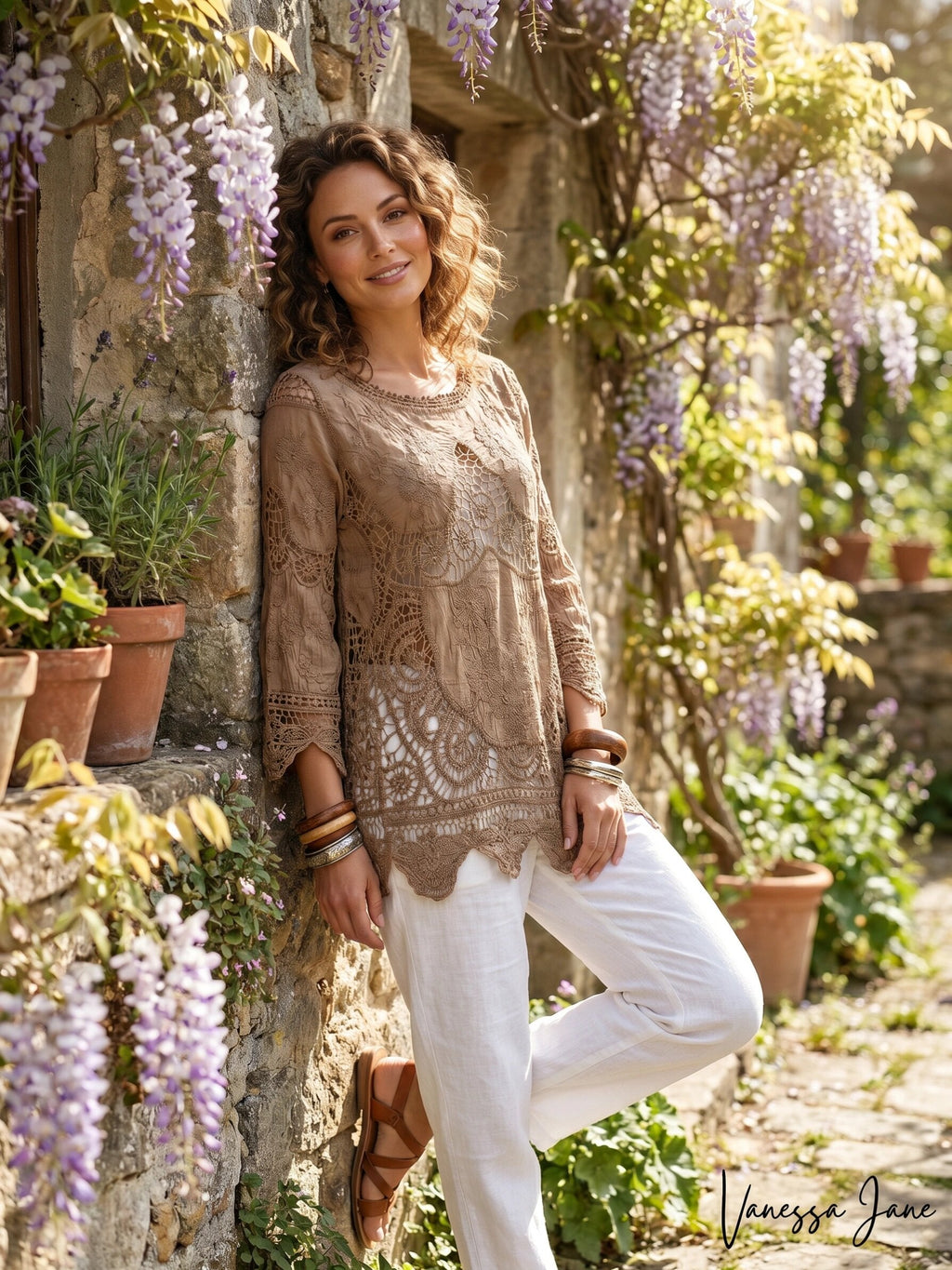 Oddy Boutique Taupe Crochet Long Sleeve Top, Size S/M