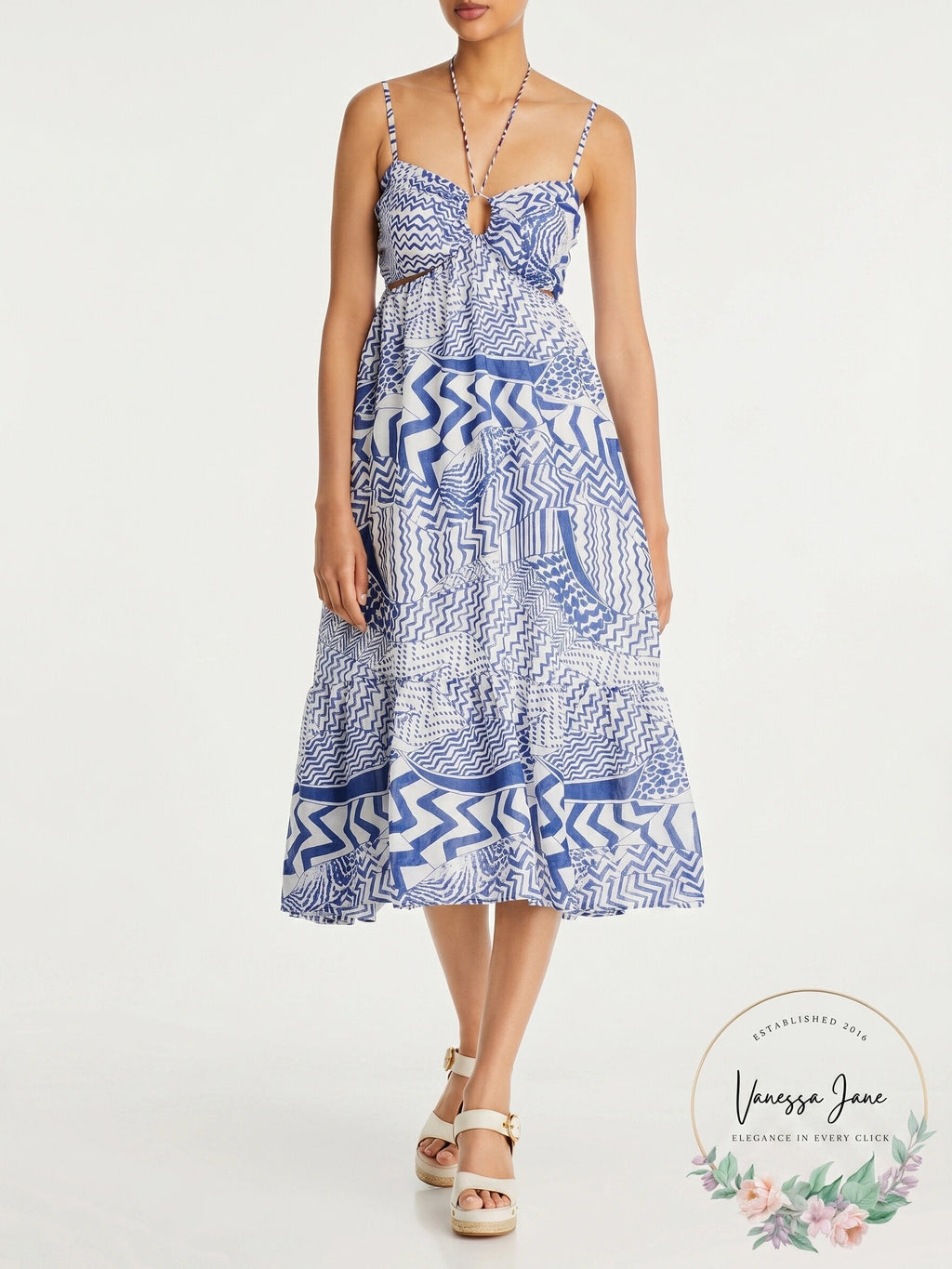 Aqua Printed Cutout Halter MIDI Dress, Size XS