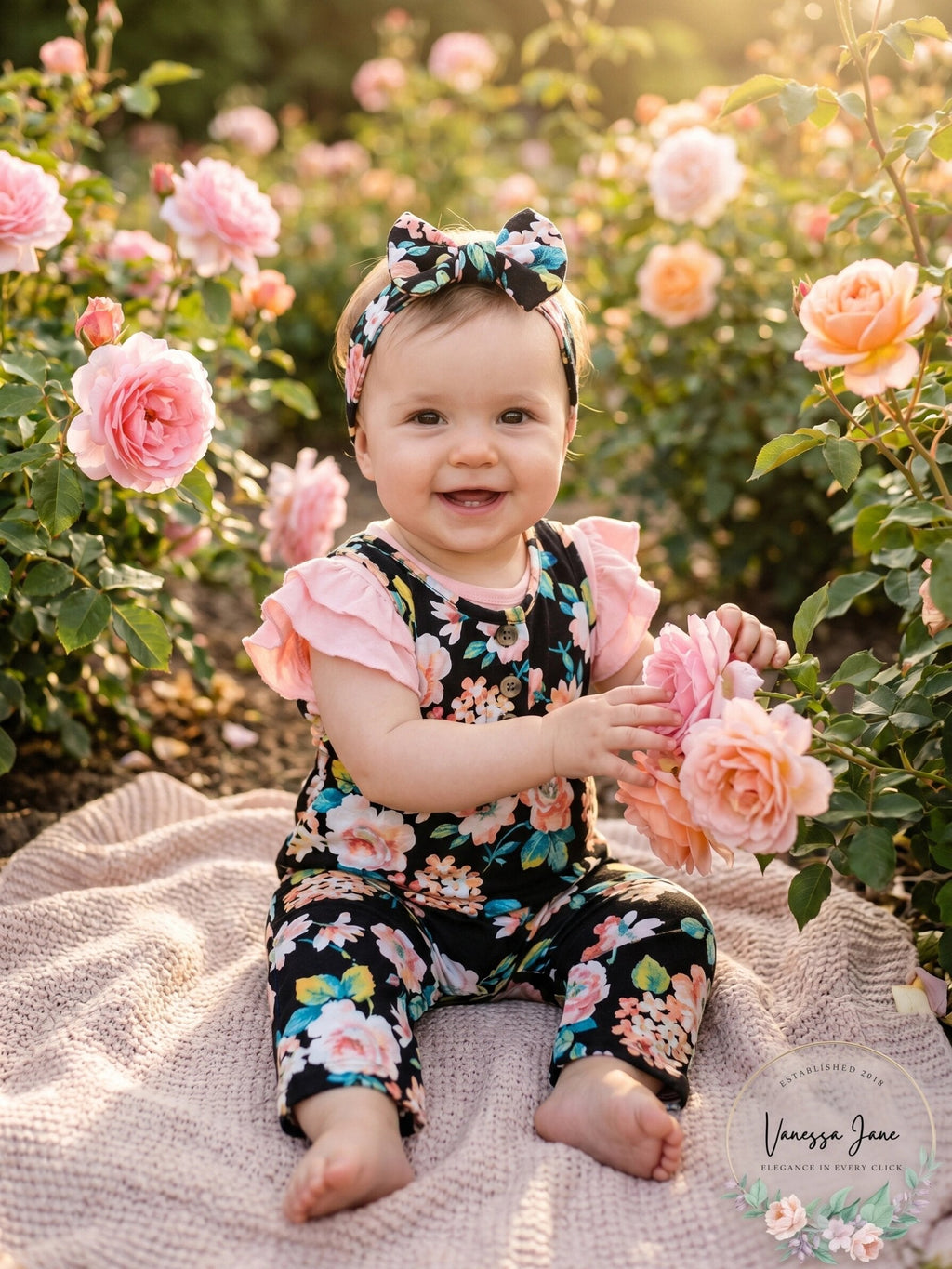 Rare Editions Black Baby Girls Floral Jumpsuit with Headband, Size 3-6Months