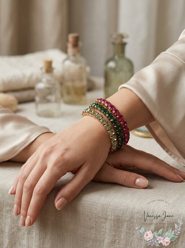 Inc Gold-Tone Set Green, Red, And Rhinestone Stretch Bracelets