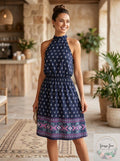Aqua Border Print Handkerchief Dress, Size XS