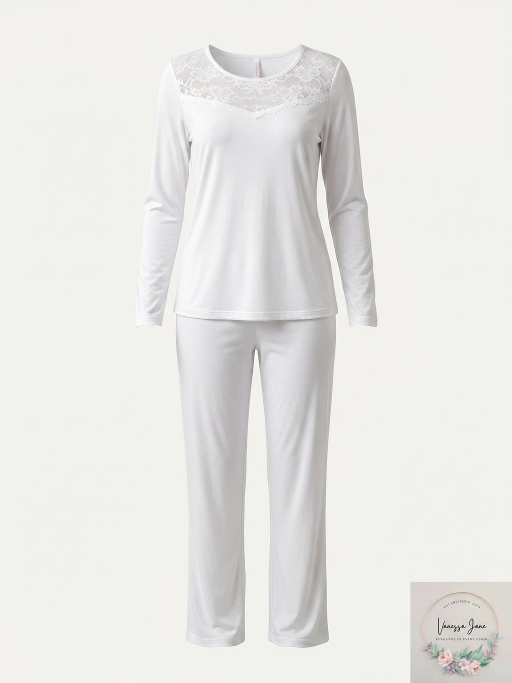 Hanro Womens Moments Long Sleeve Pajama Set in White, Size Small