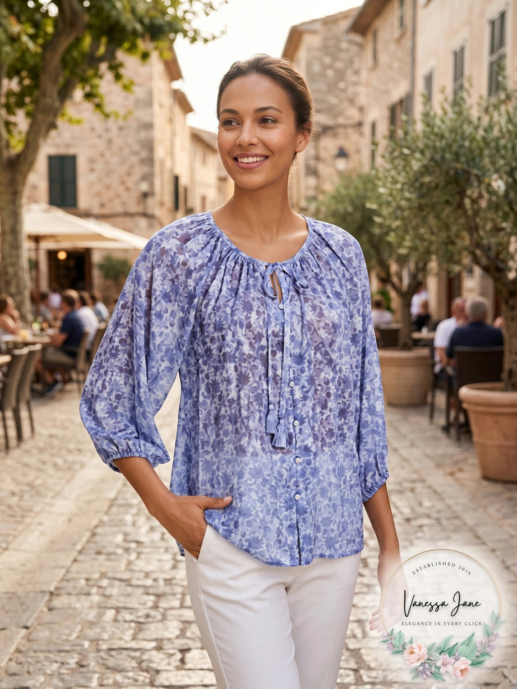 Cupio Womens 3/4 Sleeve Tie Neck Peasant Blouse