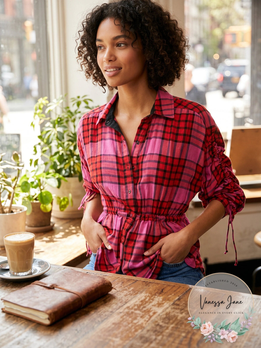 Free People Womens Plaid 3/4 Sleeve Collared Button up Top