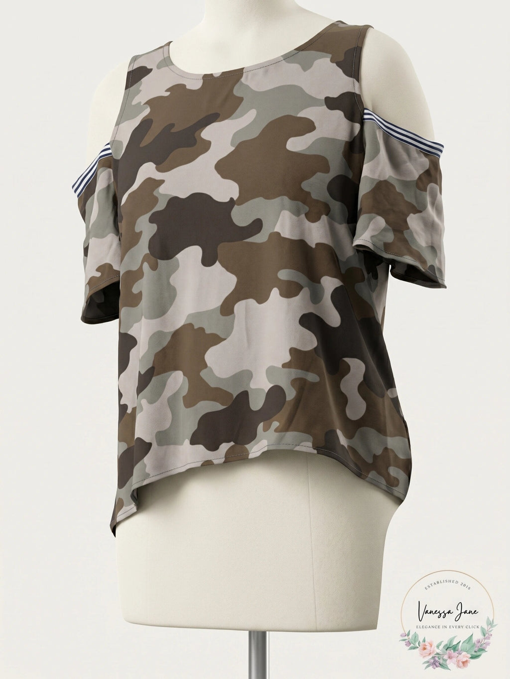 GYPSIES and MOONDUST Womens Green Cold Shoulder Camouflage Short Sleeve, Large