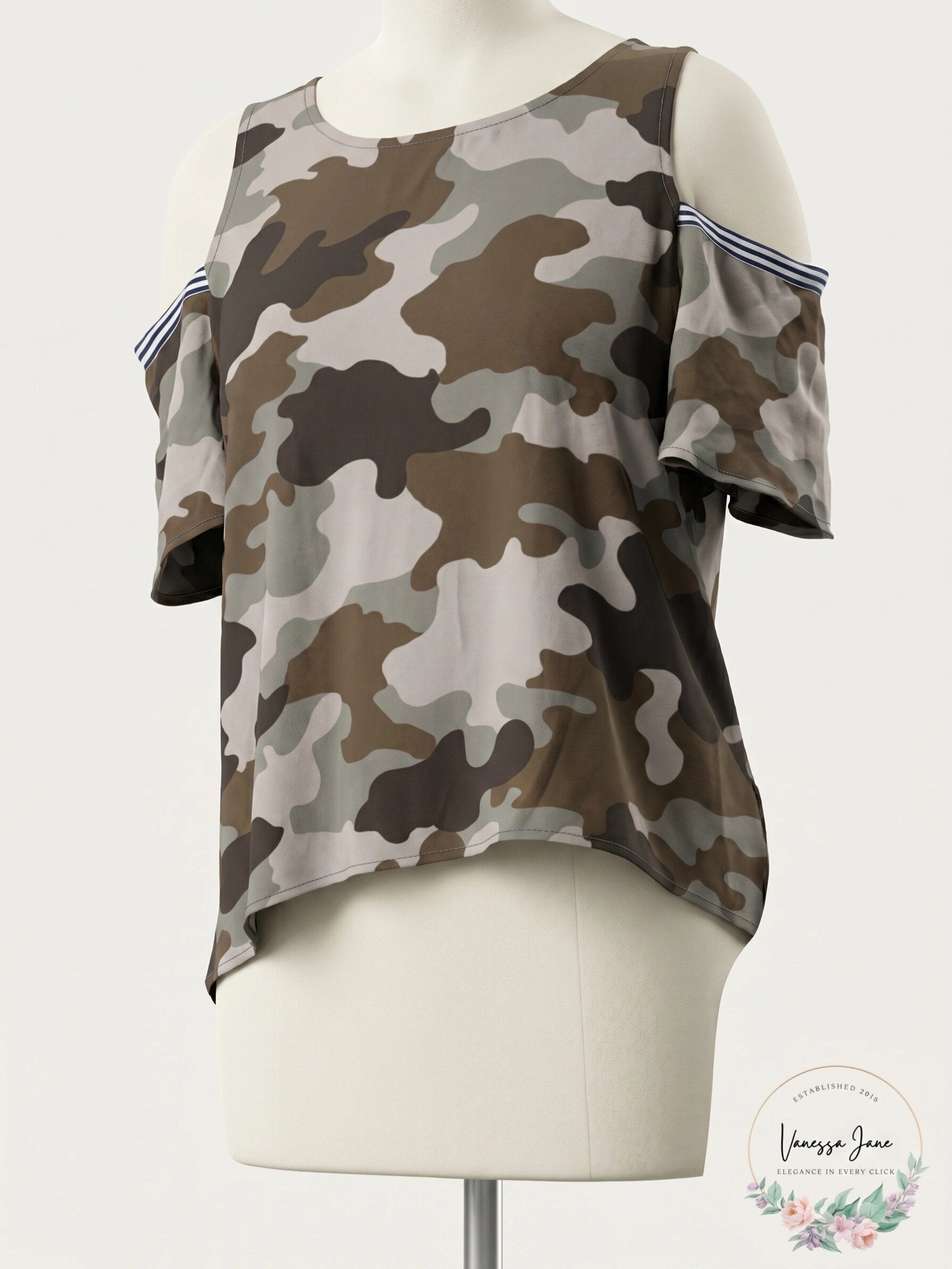 GYPSIES and MOONDUST Womens Green Cold Shoulder Camouflage Short Sleeve, Large