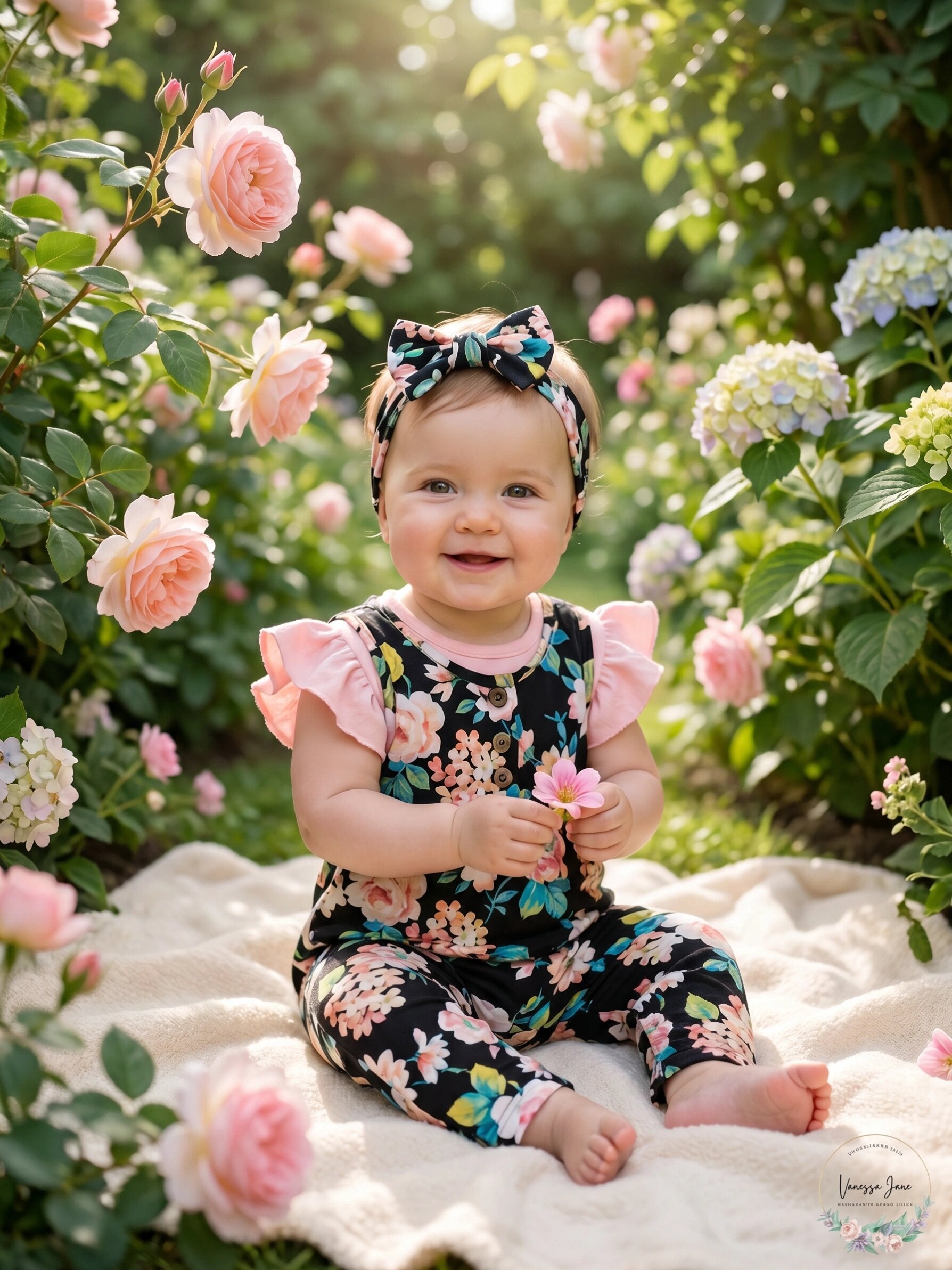 Rare Editions Black Baby Girls Floral Jumpsuit with Headband, Size 3-6Months