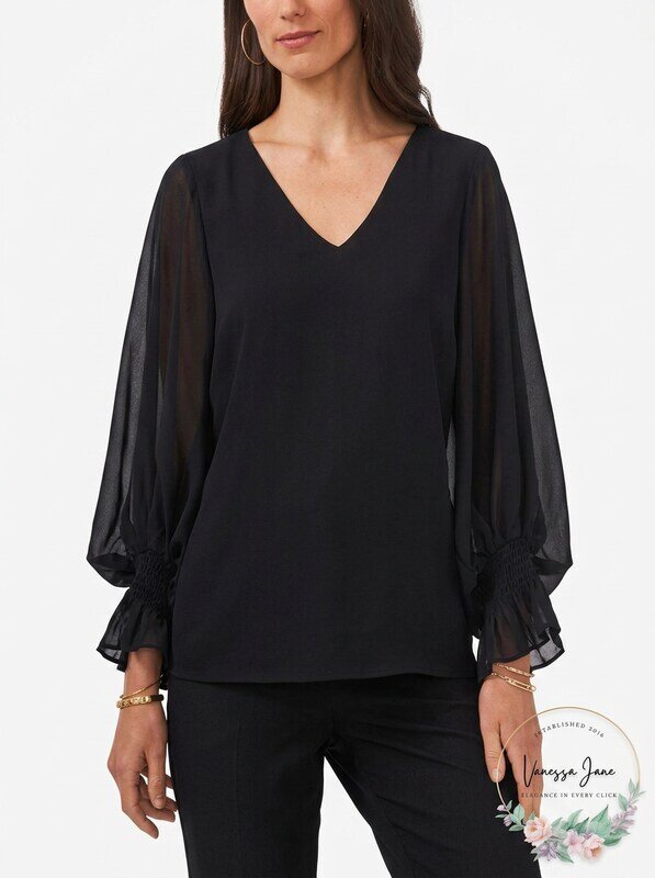 Msk Womens Black Sheer Lined Smocked Cuff Balloon Sleeve V Neck Top, Size Large