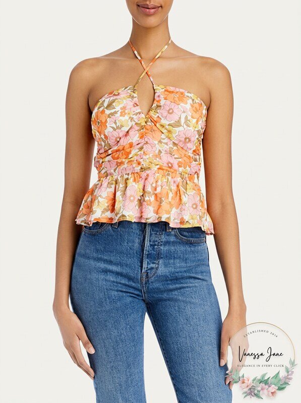 Aqua Retro Floral Halter Top, Size Medium
