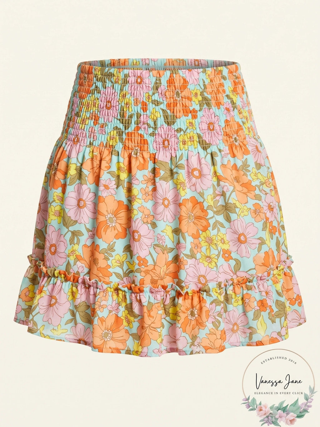 Aqua Floral Print Smocked Skirt